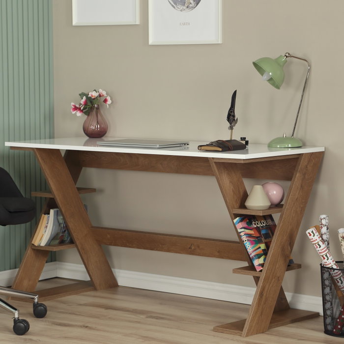 Hanah Home Lungo Escritorio de Estudio Roble Oscuro y Blanco